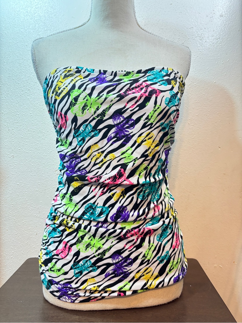 Strapless Neon Butterfly Zebra Tankini Top